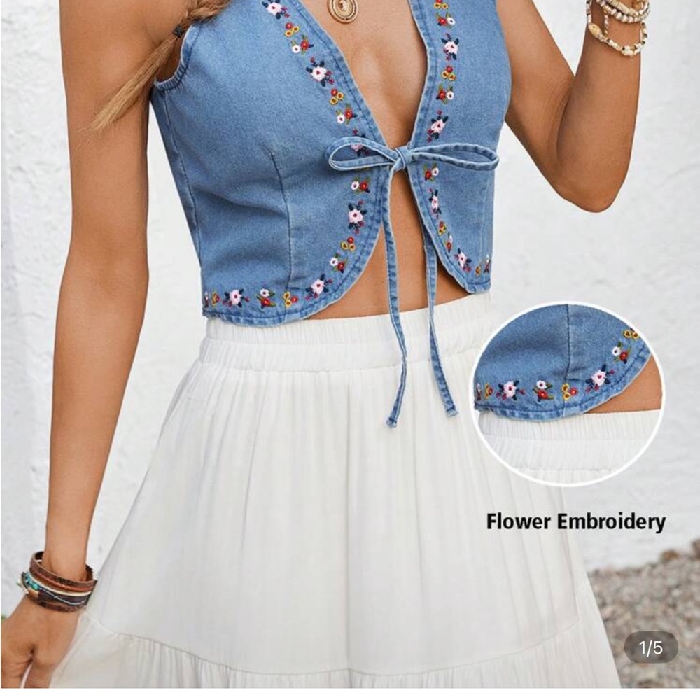 SHEIN Blue Denim Top with Floral Embroidery